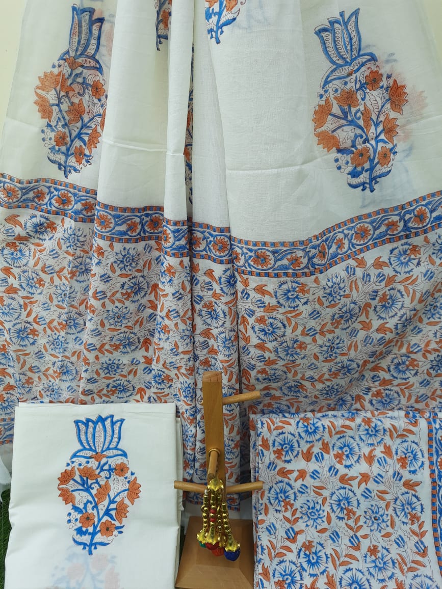 Elegant Sanganer Hand Block Printed Maheshwari Unstitched suit fabric –  India1001.com